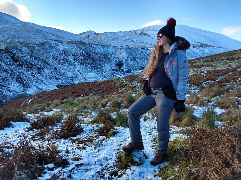 stacey hiking in the Scottish hols wearing her mother and nature maternity walking trousers